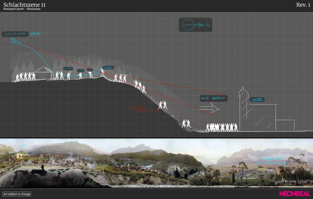 Screenshot aus der Entwicklungsphase der Bergiselschlacht im Rahmen der VR Zeitreise für EXPERIENCE TIROL